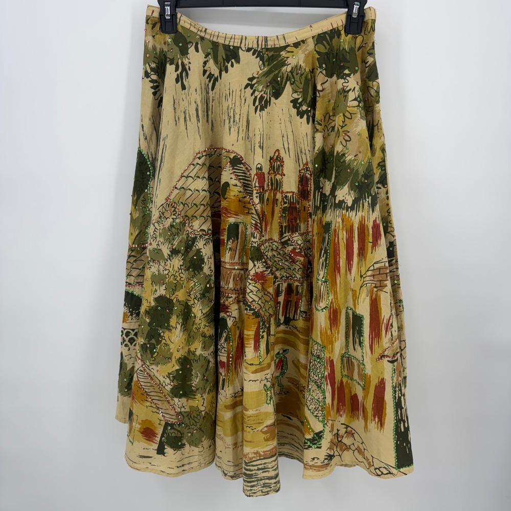 Vintage Context Womens 10 Cotton Scenic Landscape Beaded Sequin Midi Skirt Art